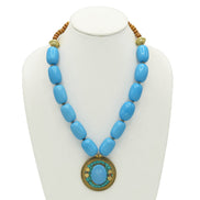 BLUE & BROWN BEADS WITH ROUND GOLD TURQUOISE PENDANT NECKLACE #FWNK-2201-01