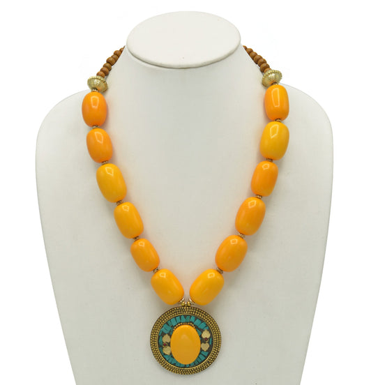 AMBER & BROWN BEADS WITH ROUND GOLD AMBER PENDANT NECKLACE #FWNK-2201-02