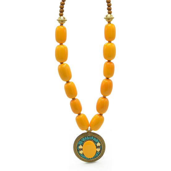 AMBER & BROWN BEADS WITH ROUND GOLD AMBER PENDANT NECKLACE #FWNK-2201-02