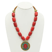 CORAL &BROWN  BEADS WITH ROUND GOLD TURQUOISE AND CORAL PENDANT NECKLACE #FWNK-2201-04