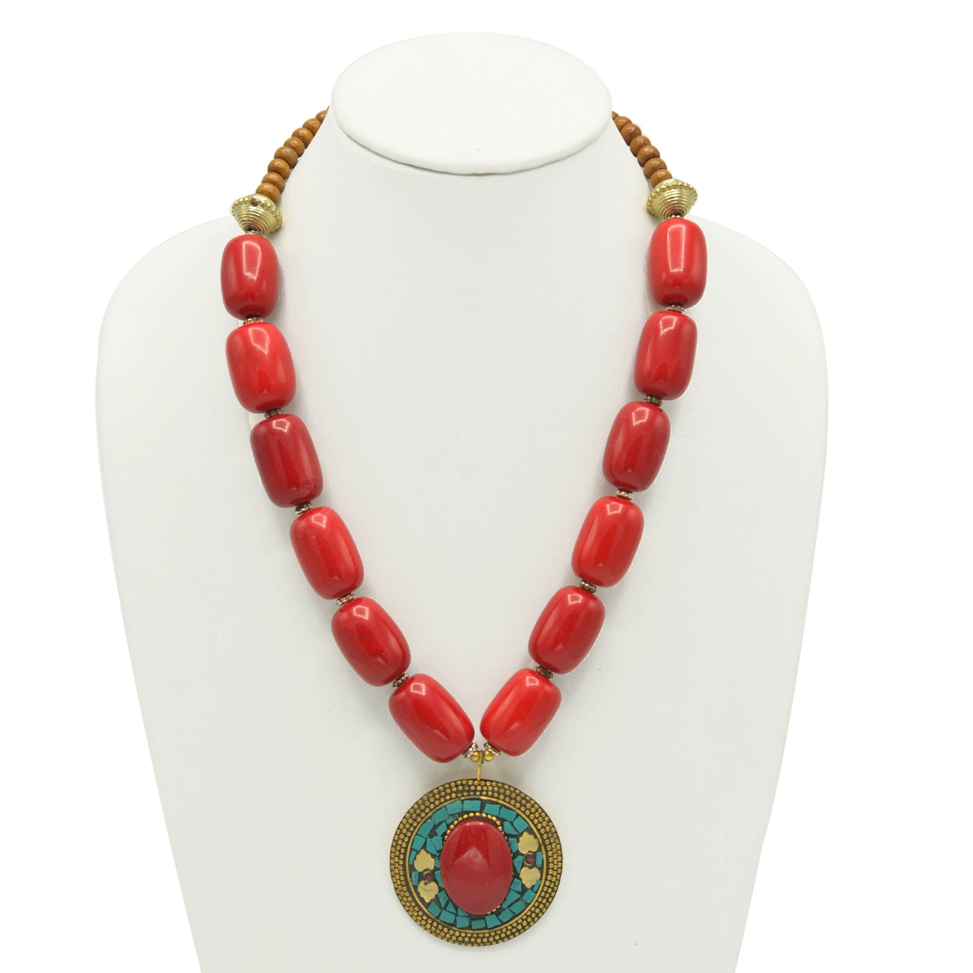 CORAL &BROWN  BEADS WITH ROUND GOLD TURQUOISE AND CORAL PENDANT NECKLACE #FWNK-2201-04