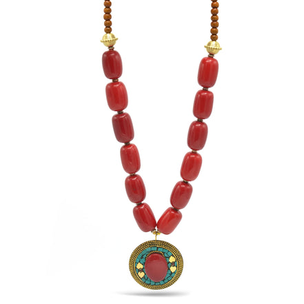 CORAL &BROWN  BEADS WITH ROUND GOLD TURQUOISE AND CORAL PENDANT NECKLACE #FWNK-2201-04