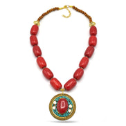 CORAL &BROWN  BEADS WITH ROUND GOLD TURQUOISE AND CORAL PENDANT NECKLACE #FWNK-2201-04