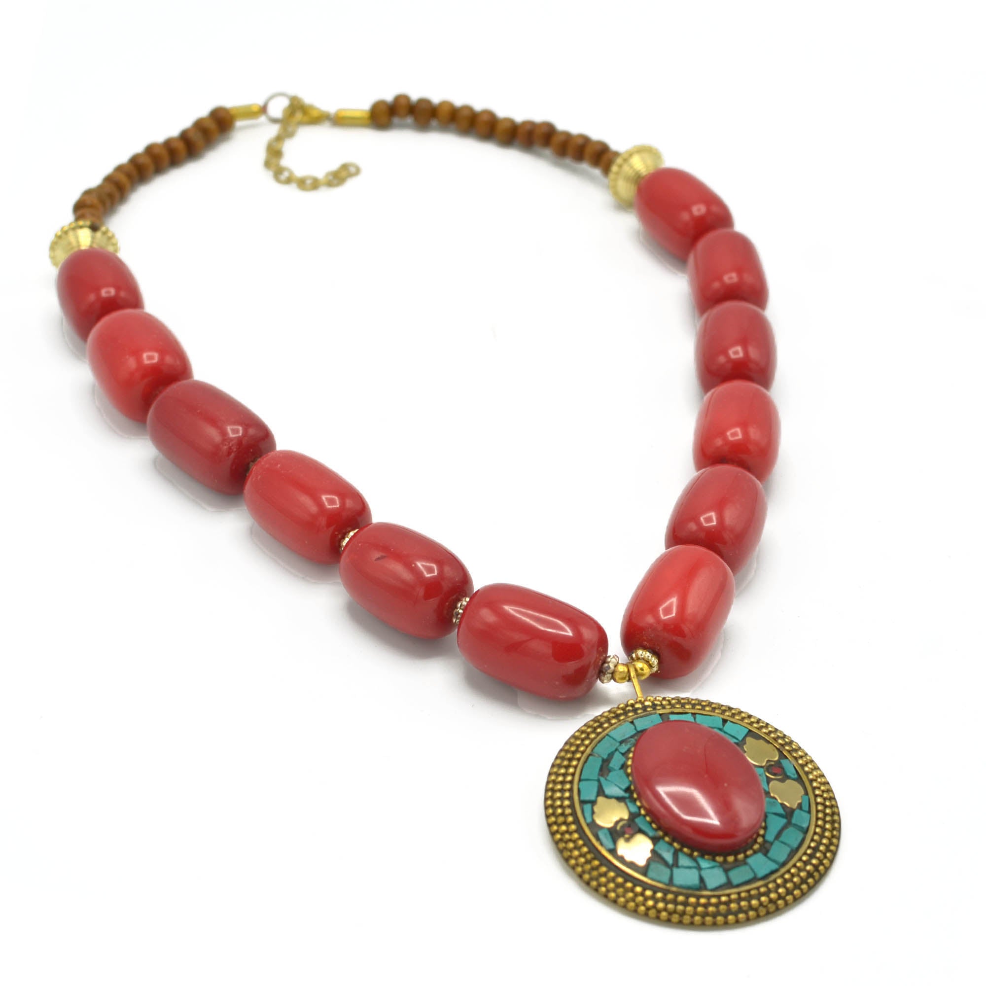 CORAL &BROWN  BEADS WITH ROUND GOLD TURQUOISE AND CORAL PENDANT NECKLACE #FWNK-2201-04
