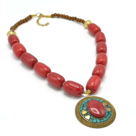 CORAL &BROWN  BEADS WITH ROUND GOLD TURQUOISE AND CORAL PENDANT NECKLACE #FWNK-2201-04