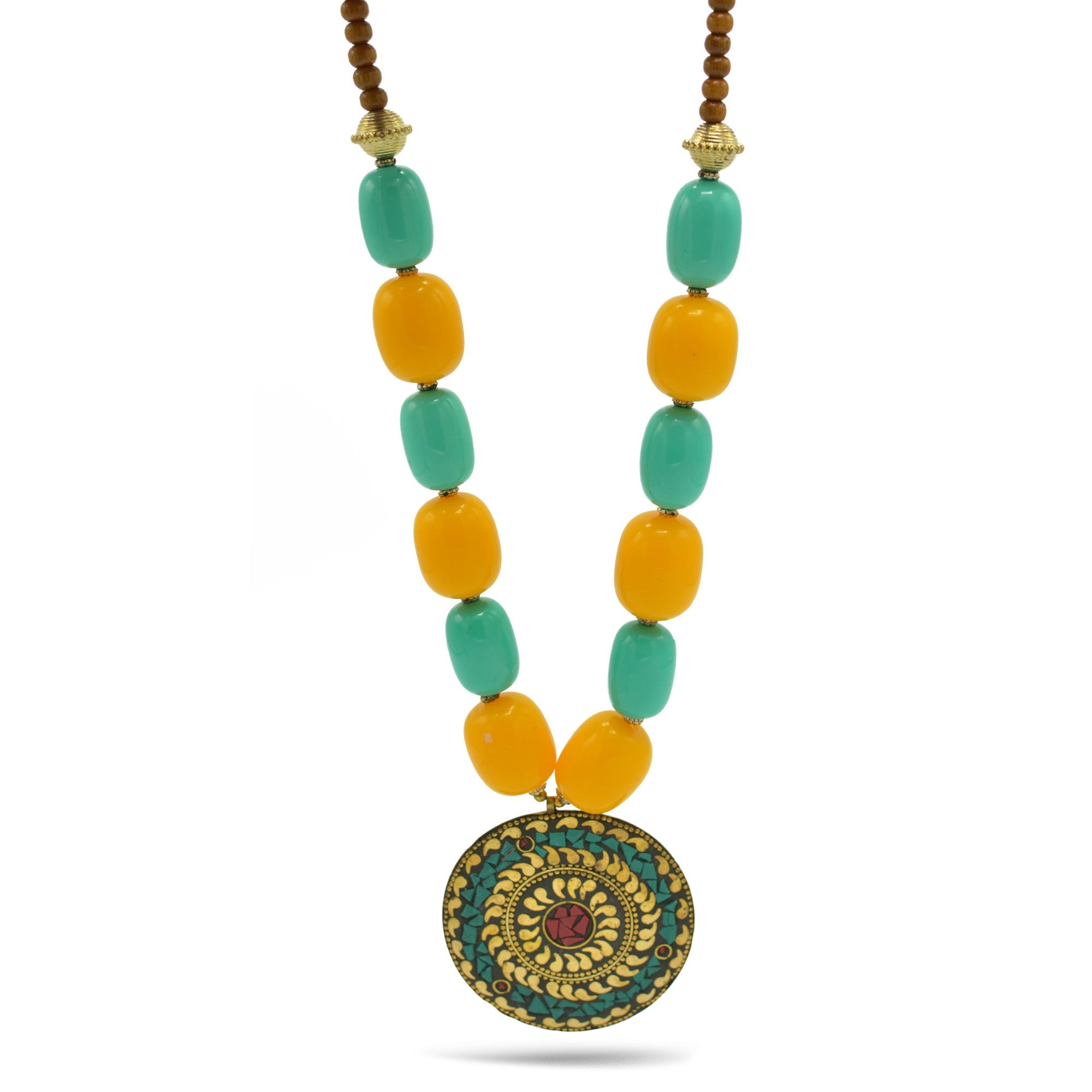 Turquoise & Amber Beads With Round Gold Pendant Necklace #FWNK-2201-06