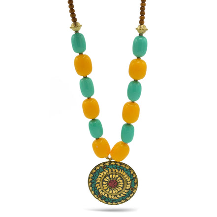 Turquoise & Amber Beads With Round Gold Pendant Necklace #FWNK-2201-06