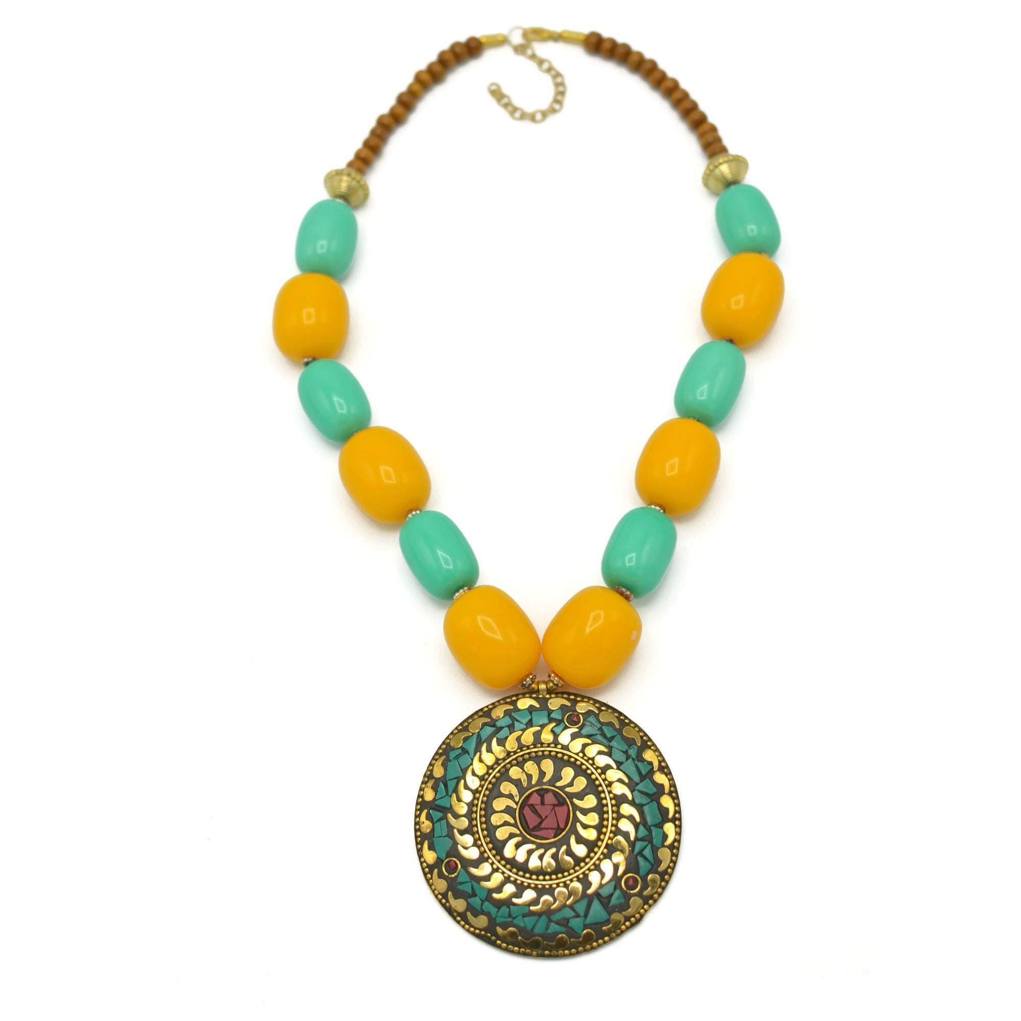Turquoise & Amber Beads With Round Gold Pendant Necklace #FWNK-2201-06