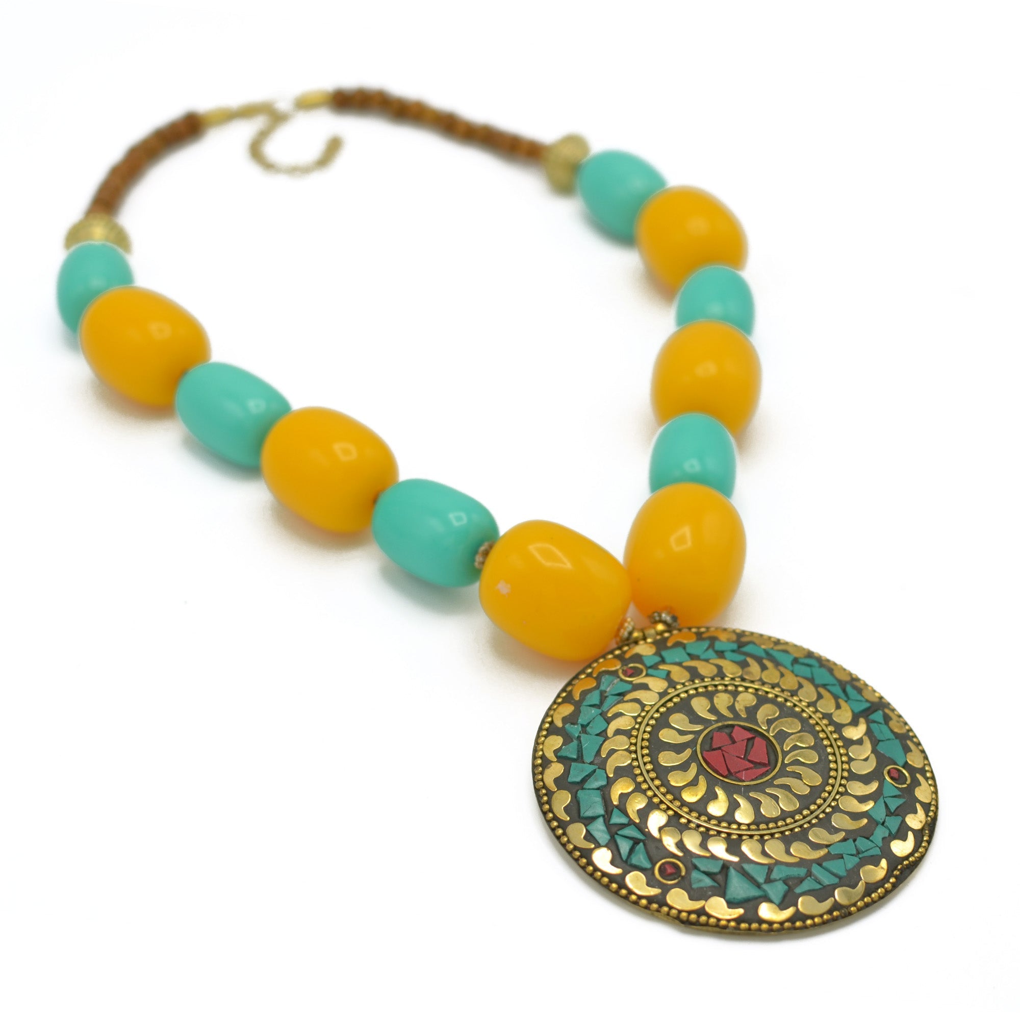 Turquoise & Amber Beads With Round Gold Pendant Necklace #FWNK-2201-06