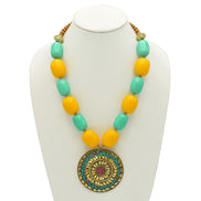 Turquoise & Amber Beads With Round Gold Pendant Necklace #FWNK-2201-06