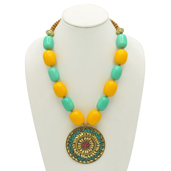 Turquoise & Amber Beads With Round Gold Pendant Necklace #FWNK-2201-06