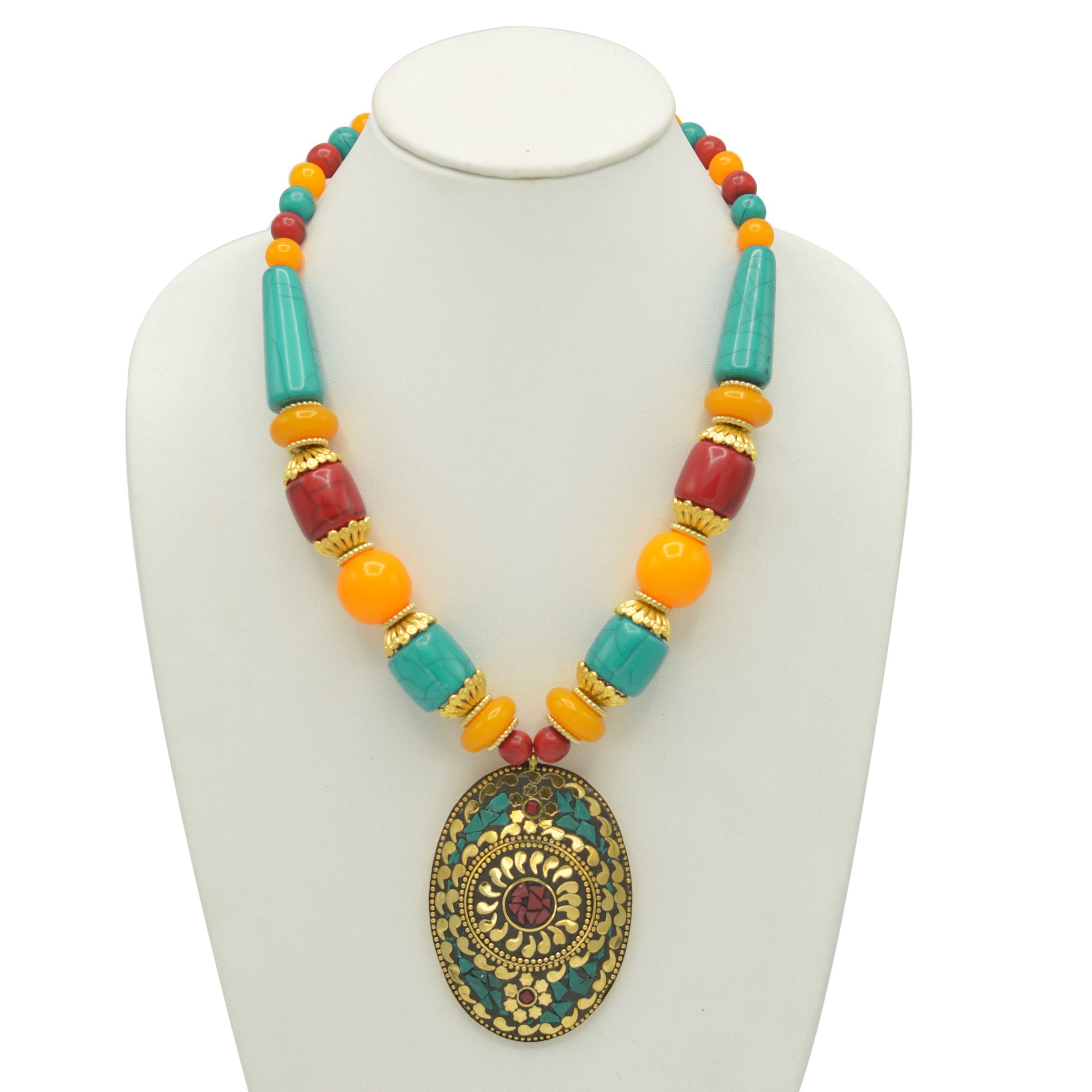 MULTI-COLOR BEAD GOLD OVAL PENDANT NECKLACE #FWNK-2201-07