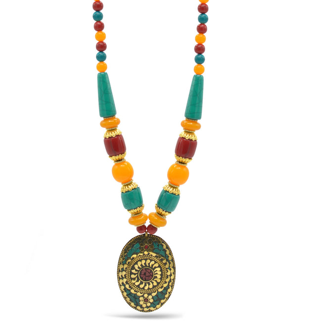 MULTI-COLOR BEAD GOLD OVAL PENDANT NECKLACE #FWNK-2201-07
