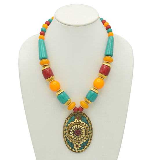 MULTI-COLOR BEAD GOLD OVAL PENDANT NECKLACE #FWNK-2201-07