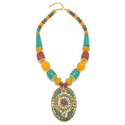 MULTI-COLOR BEAD GOLD OVAL PENDANT NECKLACE #FWNK-2201-07
