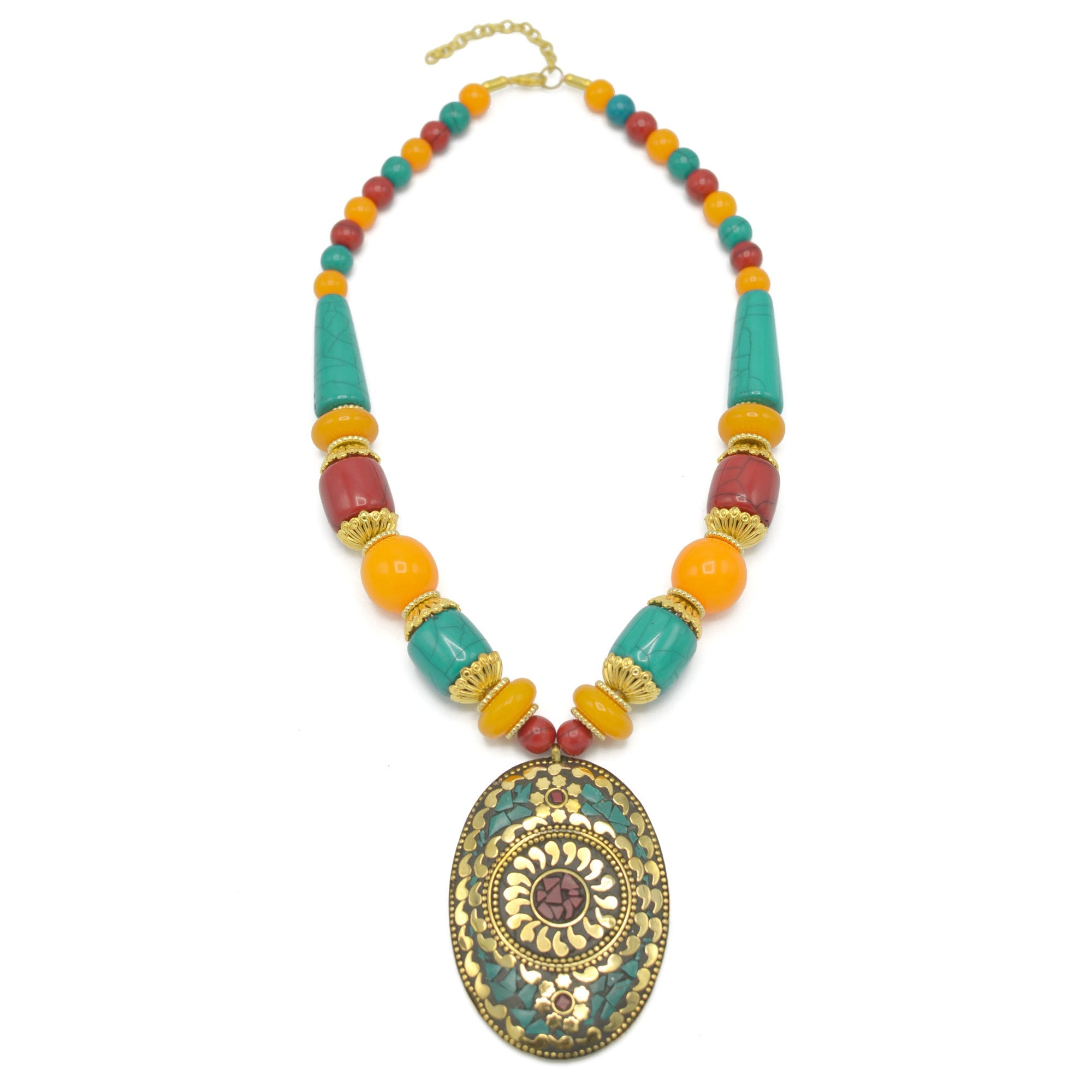 MULTI-COLOR BEAD GOLD OVAL PENDANT NECKLACE #FWNK-2201-07
