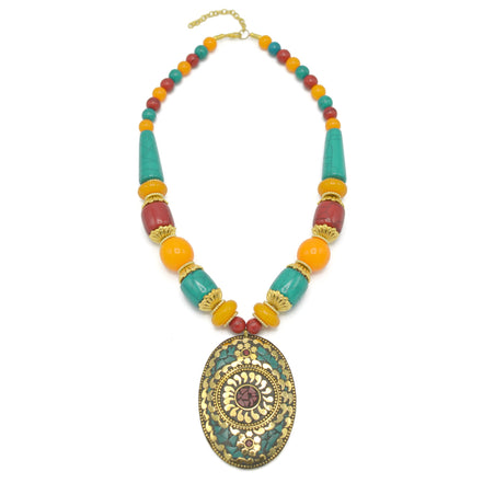 MULTI-COLOR BEAD GOLD OVAL PENDANT NECKLACE #FWNK-2201-07