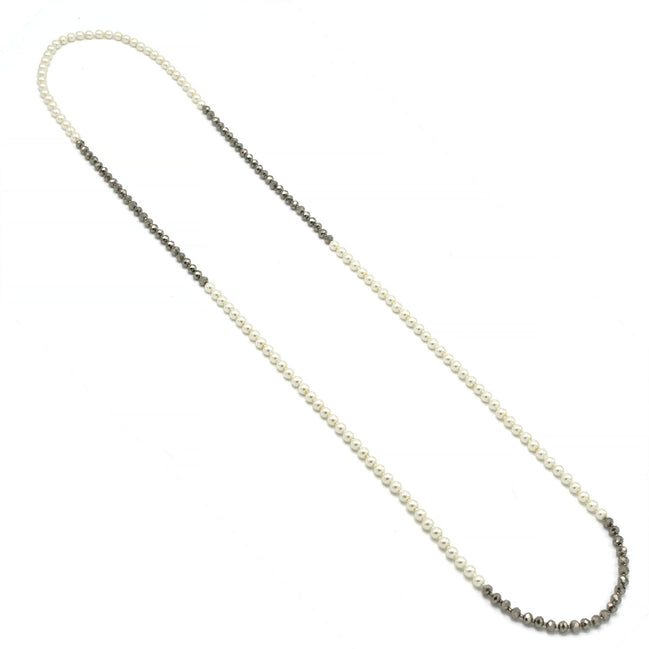 CREAM PEARL AND HEMATITE BEADS 60"INCHES LONG NECKLACE#HNN90733(MF5-6)