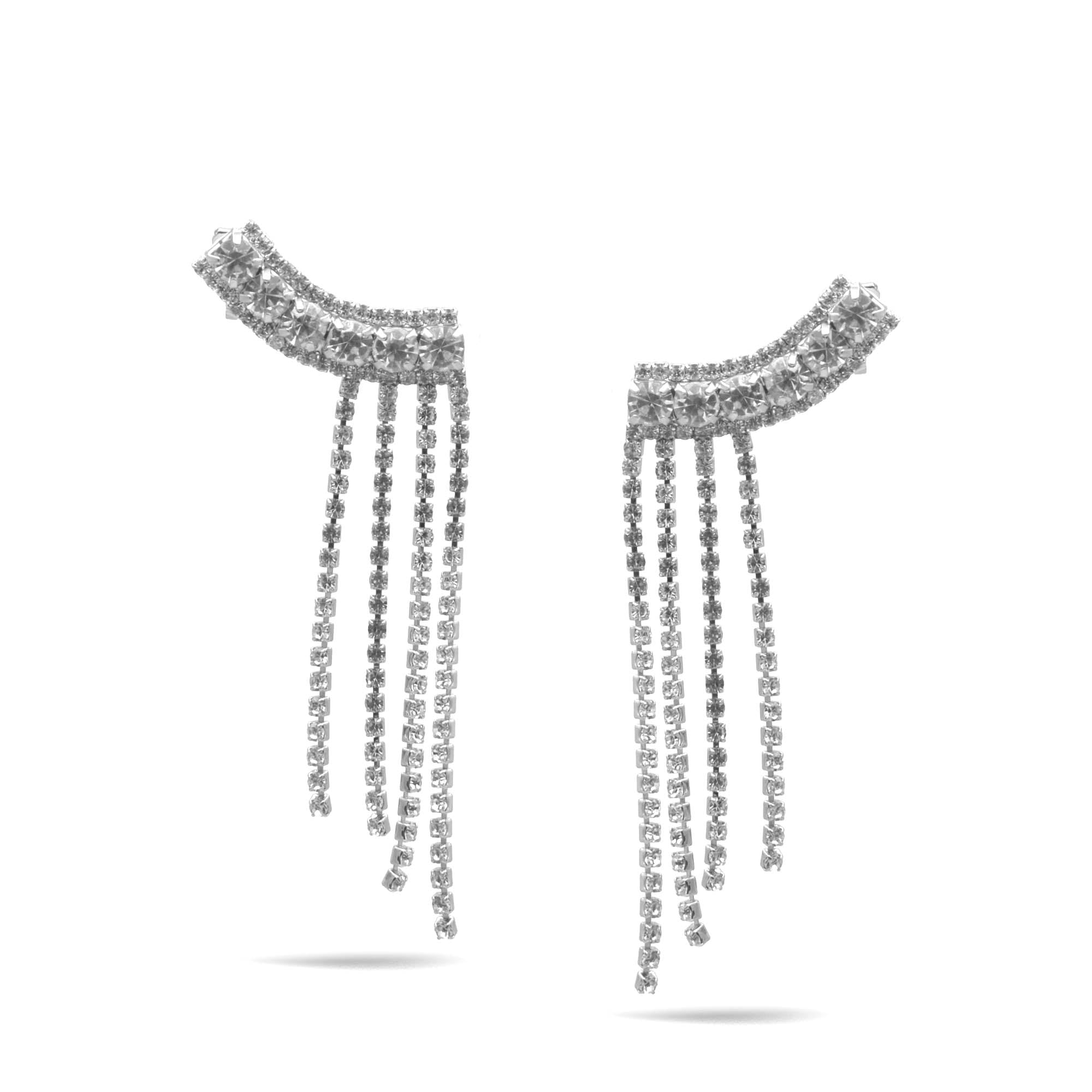 SILVER CRYSTAL LONG TASSEL EARRINGS #27129CR-S (LD24)