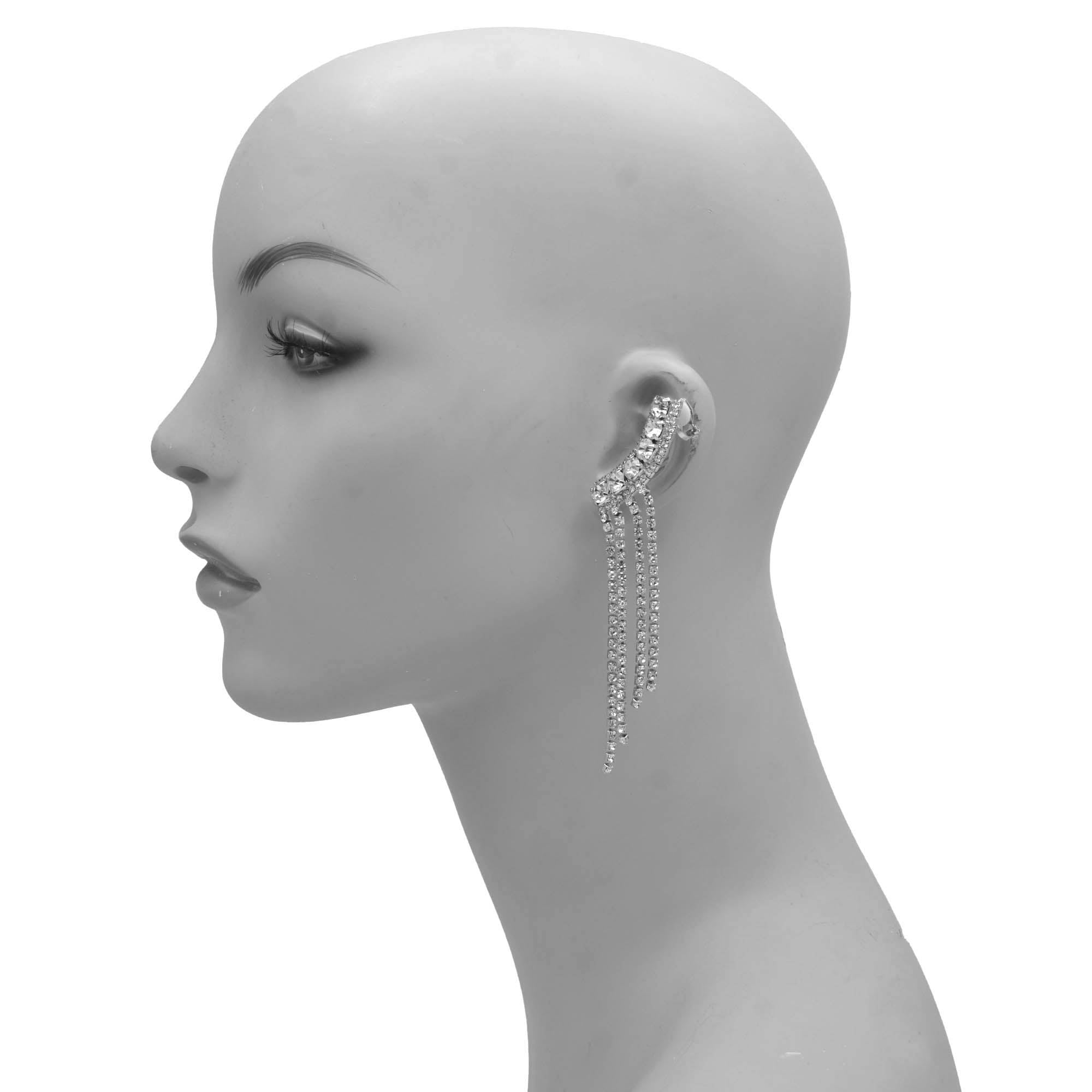 SILVER CRYSTAL LONG TASSEL EARRINGS #27129CR-S (LD24)