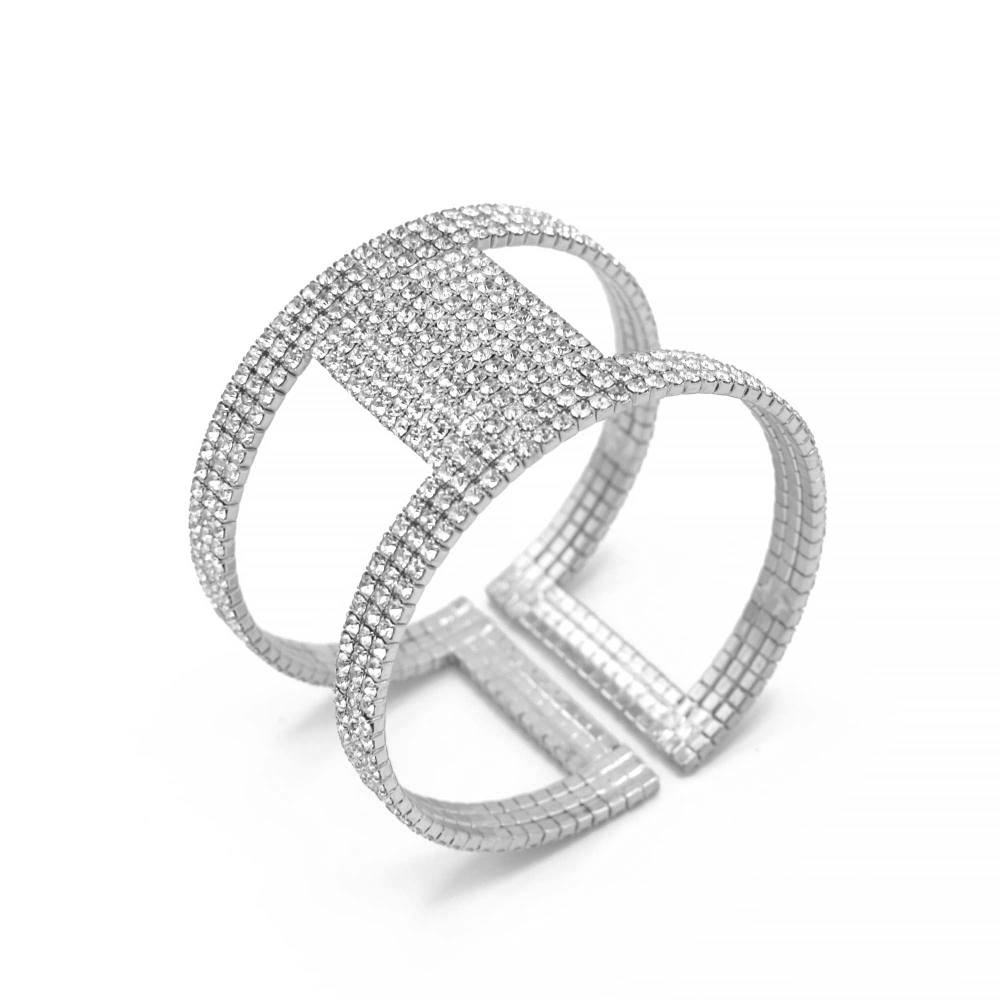 SILVER RHINESTONE CRYSTAL COIL MEMORY WIRE BRACELET #83154CR-S