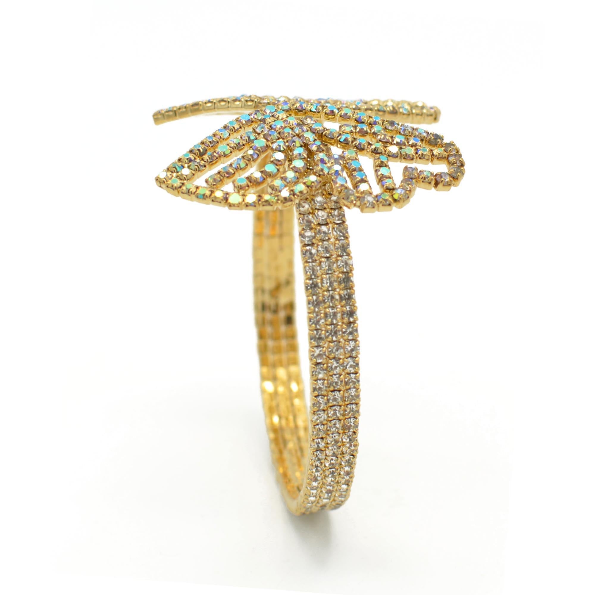 GOLD BUTTERFLY ABALONE RHINESTONE CRYSTAL MEMORY WIRE BRACELET#83791AB-G