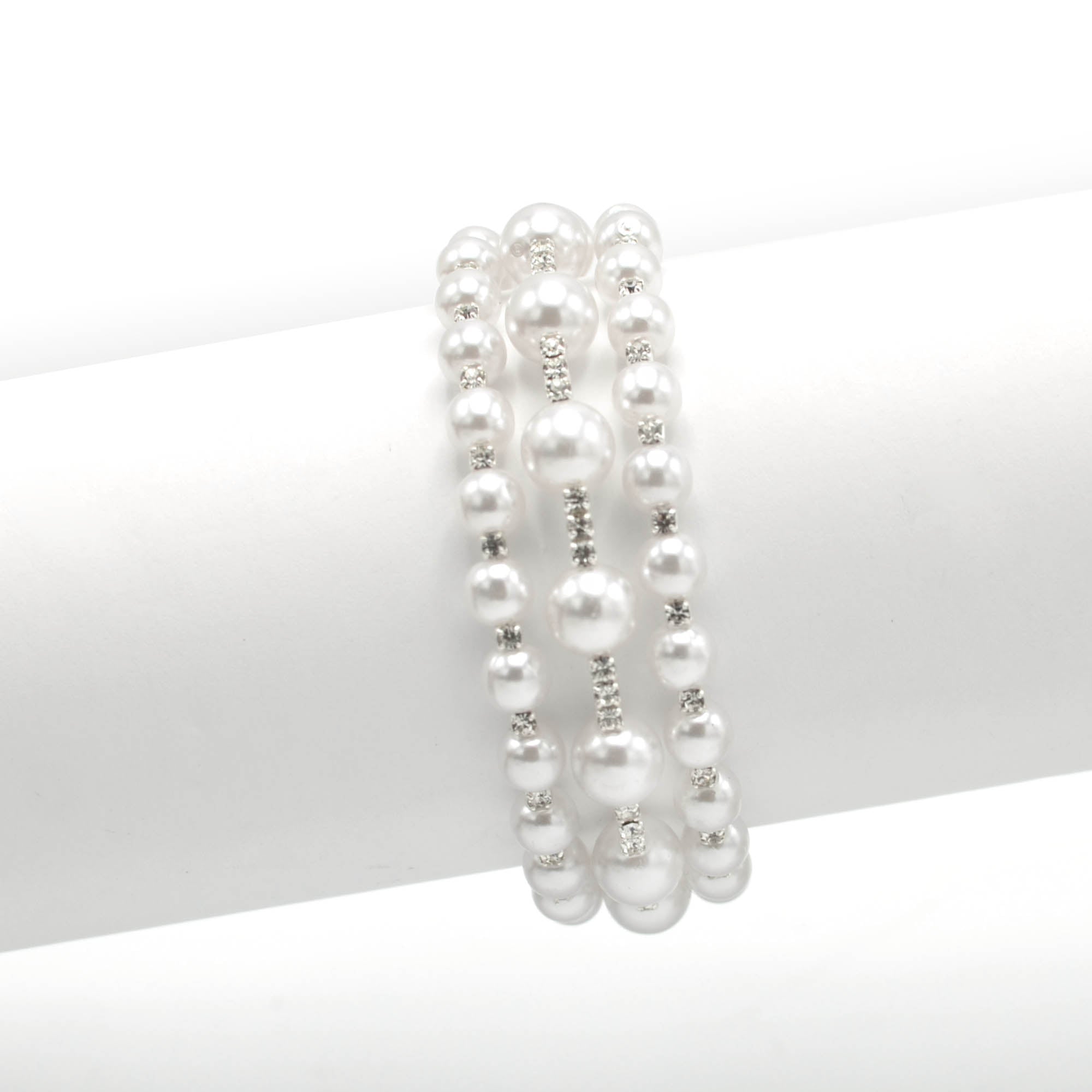 SILVER WHITE PEARL AND CRYSTAL MEMORY WIRE STRETCH BRACELET# 83831WH-S