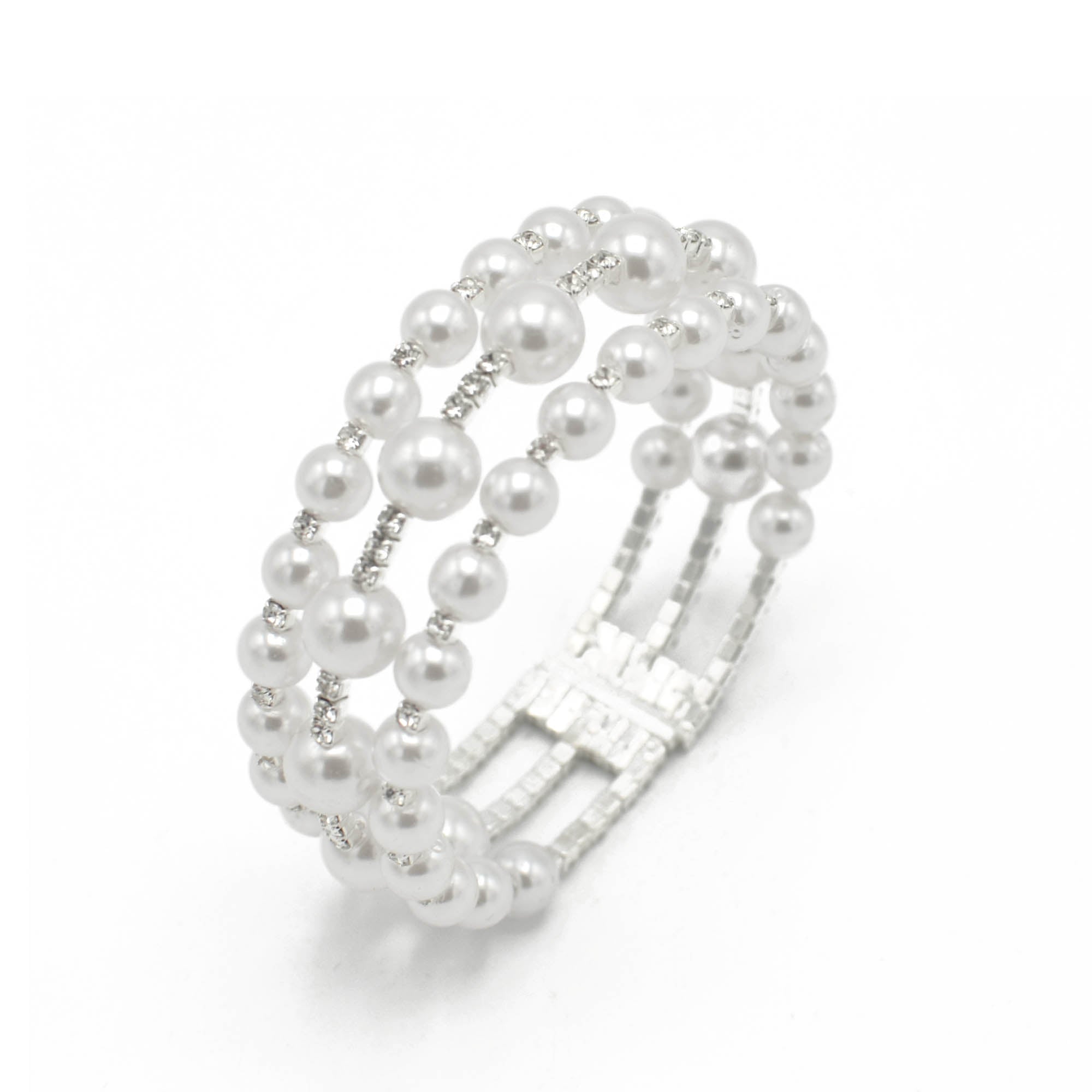 SILVER WHITE PEARL AND CRYSTAL MEMORY WIRE STRETCH BRACELET# 83831WH-S