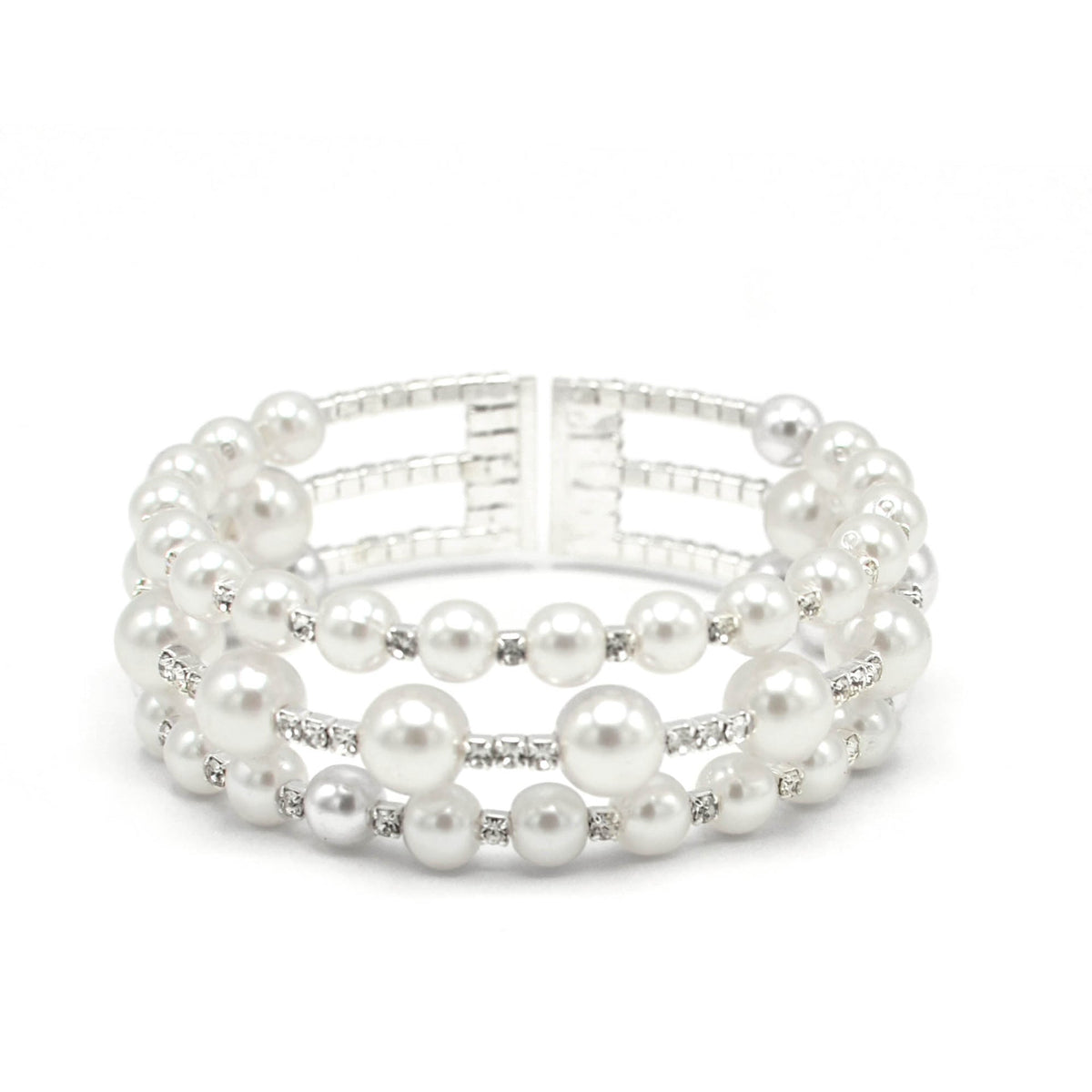 SILVER WHITE PEARL AND CRYSTAL MEMORY WIRE STRETCH BRACELET# 83831WH-S