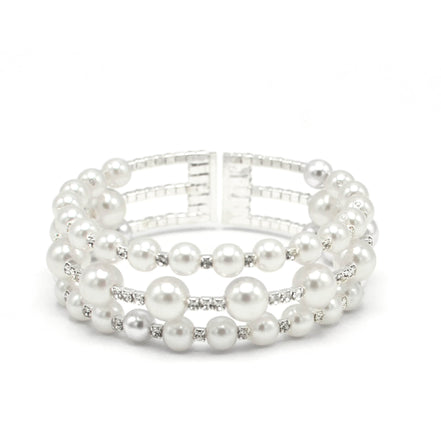 SILVER WHITE PEARL AND CRYSTAL MEMORY WIRE STRETCH BRACELET# 83831WH-S