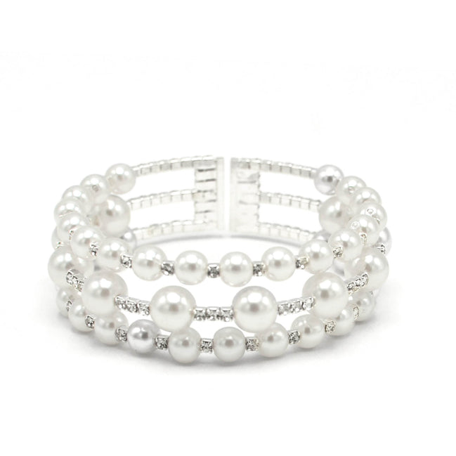 SILVER WHITE PEARL AND CRYSTAL MEMORY WIRE STRETCH BRACELET# 83831WH-S