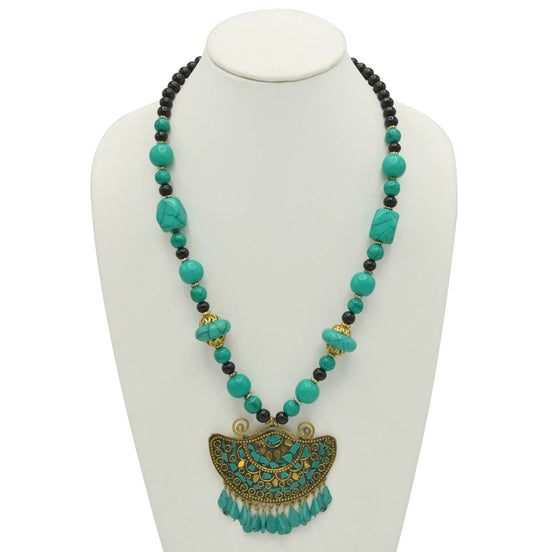 TURQUOISE AND BLACK BEAD GOLD TURQUOISE PENDANT NECKLACE #FWNK-2202-100