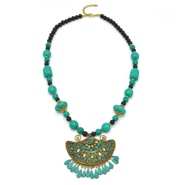 TURQUOISE AND BLACK BEAD GOLD TURQUOISE PENDANT NECKLACE #FWNK-2202-100