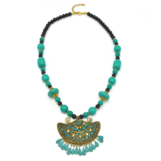 TURQUOISE AND BLACK BEAD GOLD TURQUOISE PENDANT NECKLACE #FWNK-2202-100