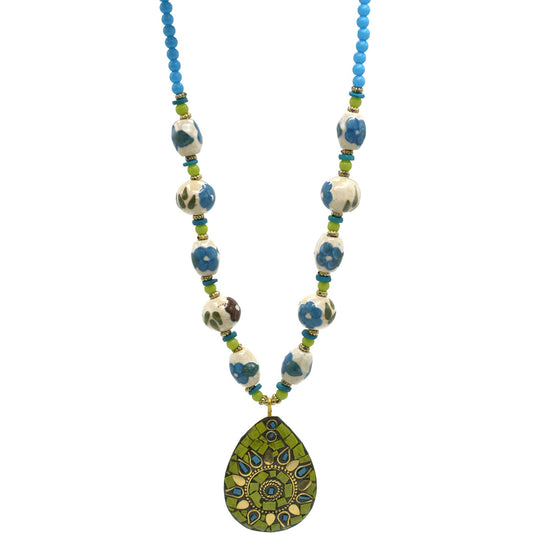 GREEN AND BLUE CERAMIC BEADS WITH GOLD OVAL PENDANT NECKLACE #FWNK-2202-101