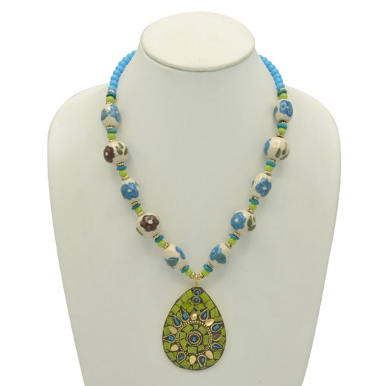 GREEN AND BLUE CERAMIC BEADS WITH GOLD OVAL PENDANT NECKLACE #FWNK-2202-101