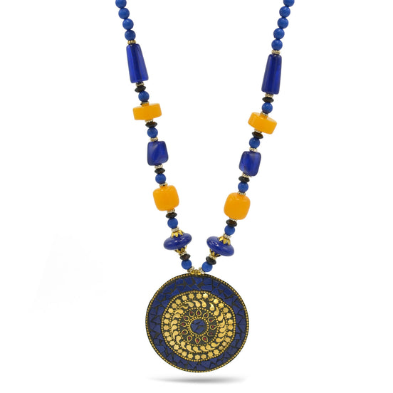 BLUE & AMBER BEADS WITH ROUND GOLD PENDANT NECKLACE #FWNK-2202-102