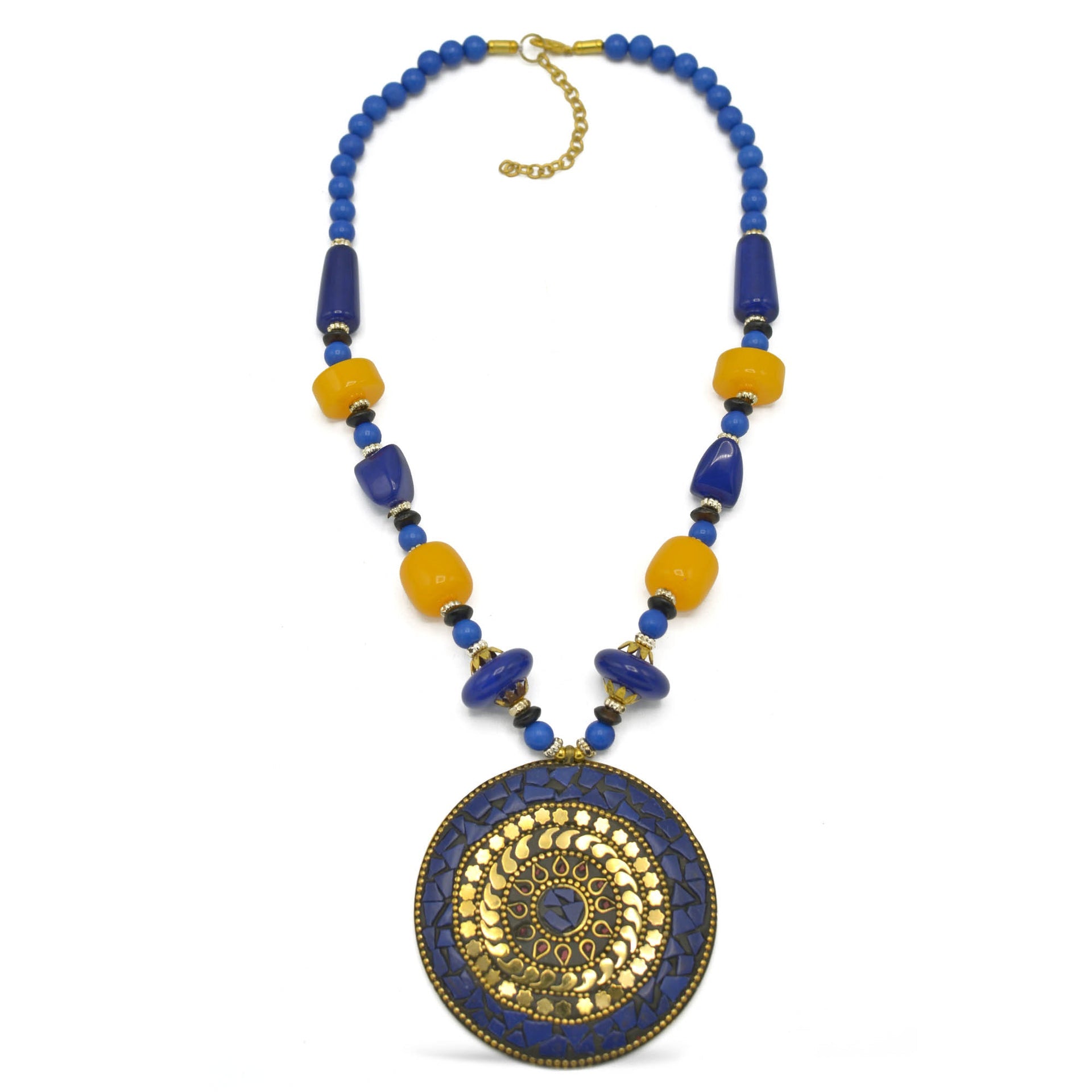 BLUE & AMBER BEADS WITH ROUND GOLD PENDANT NECKLACE #FWNK-2202-102