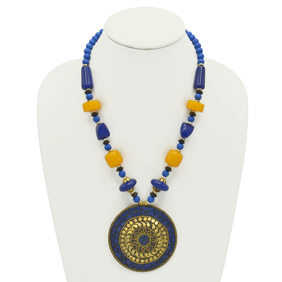 BLUE & AMBER BEADS WITH ROUND GOLD PENDANT NECKLACE #FWNK-2202-102