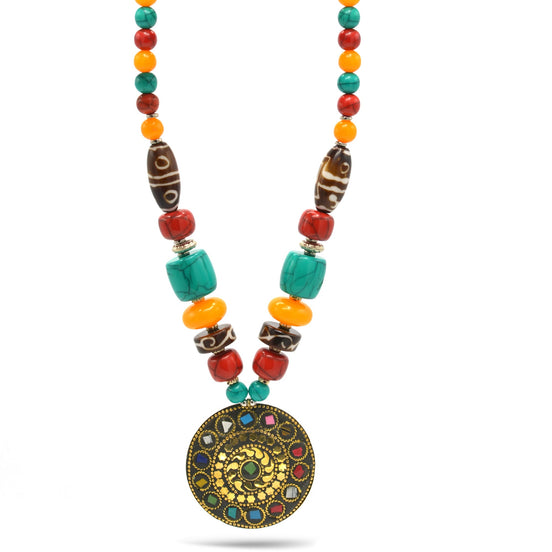 MULTI-COLOR BEAD GOLD ROUND PENDANT NECKLACE #FWNK-2202-103