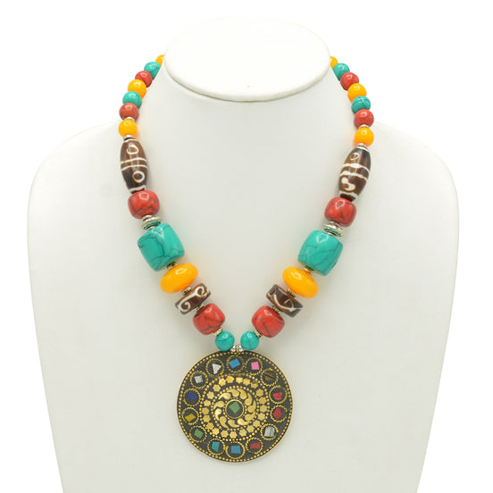 MULTI-COLOR BEAD GOLD ROUND PENDANT NECKLACE #FWNK-2202-103