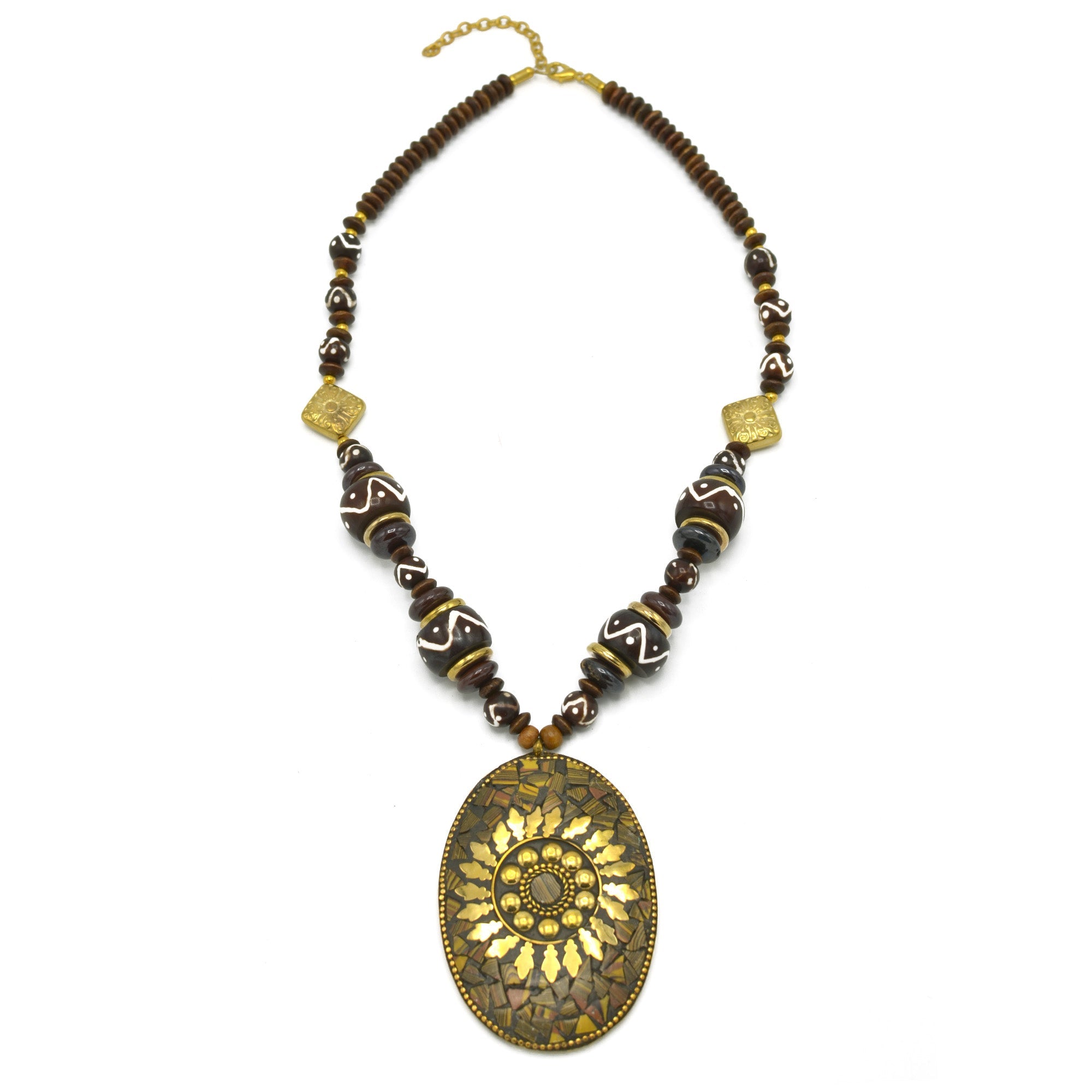 Brown & Gold Beads With Oval Gold Pendant Necklace #FWNK-2202-104