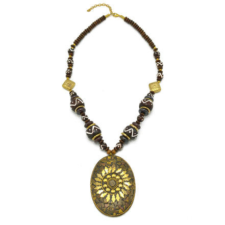 Brown & Gold Beads With Oval Gold Pendant Necklace #FWNK-2202-104