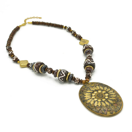 Brown & Gold Beads With Oval Gold Pendant Necklace #FWNK-2202-104