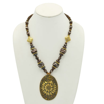 Brown & Gold Beads With Oval Gold Pendant Necklace #FWNK-2202-104