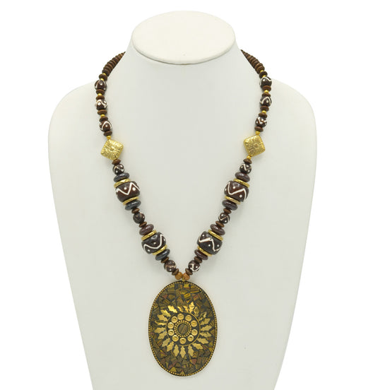 Brown & Gold Beads With Oval Gold Pendant Necklace #FWNK-2202-104
