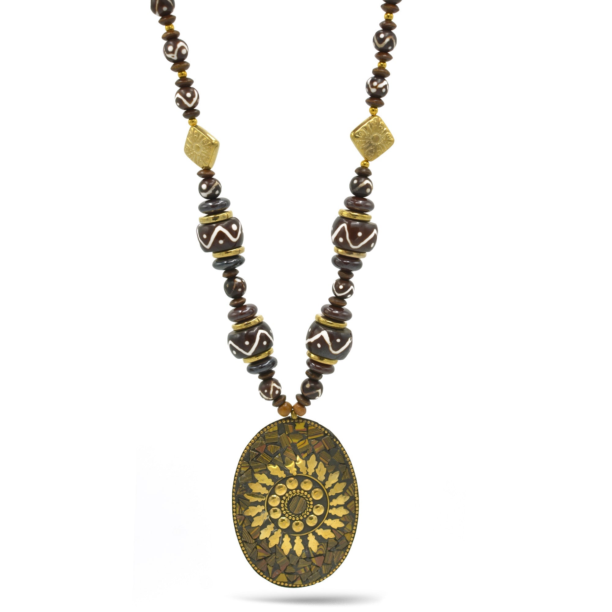 Brown & Gold Beads With Oval Gold Pendant Necklace #FWNK-2202-104