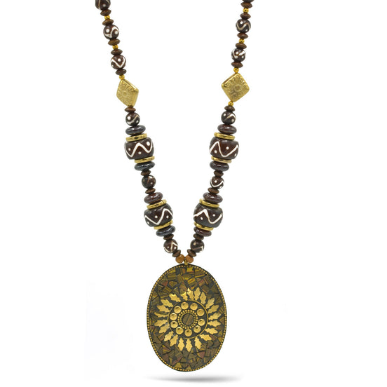 Brown & Gold Beads With Oval Gold Pendant Necklace #FWNK-2202-104