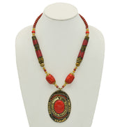 CORAL & CREAM BEADS WITH OVAL GOLD CORAL PENDANT NECKLACE #FWNK-2202-107