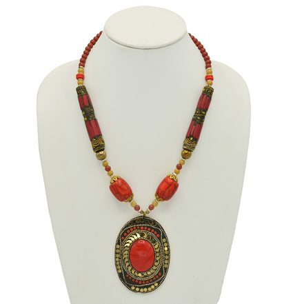 CORAL & CREAM BEADS WITH OVAL GOLD CORAL PENDANT NECKLACE #FWNK-2202-107